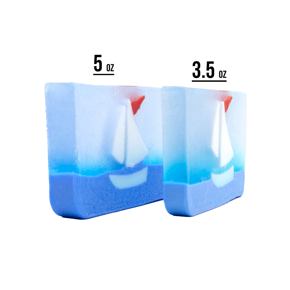 Two rectangular blue soap bars with a white sailboat motif and a small red sail, shown side by side on a white background. One bar is labeled 5 oz and the other 3.