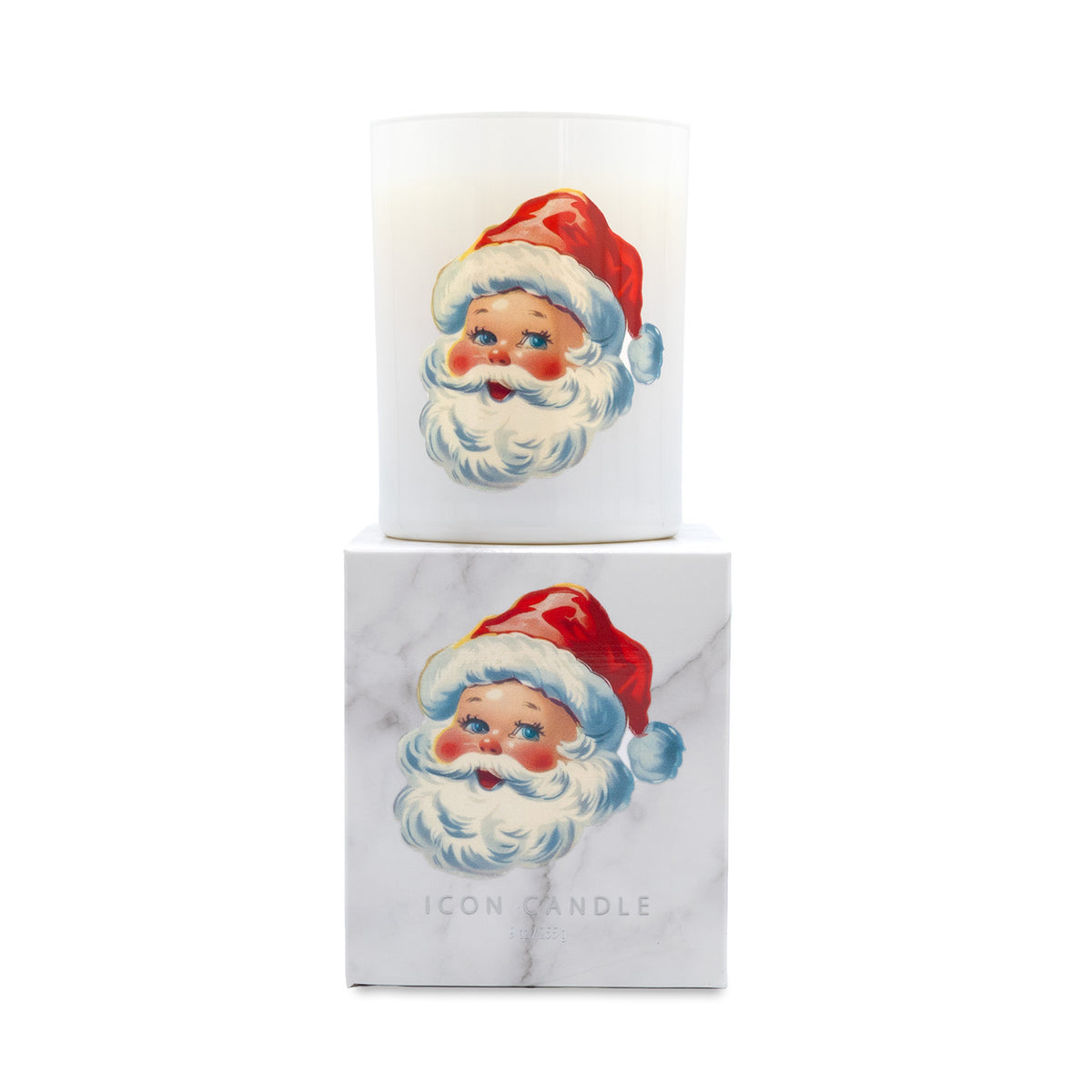 A white glass candle jar with a vintage Santa Claus face illustration, displayed above its matching marble-patterned box. The box features the text 'ICON CANDLE' at the bottom.