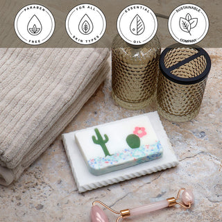 Dos Amigos Vegetable Glycerin Bar Soap in a white dish on a stone surface.