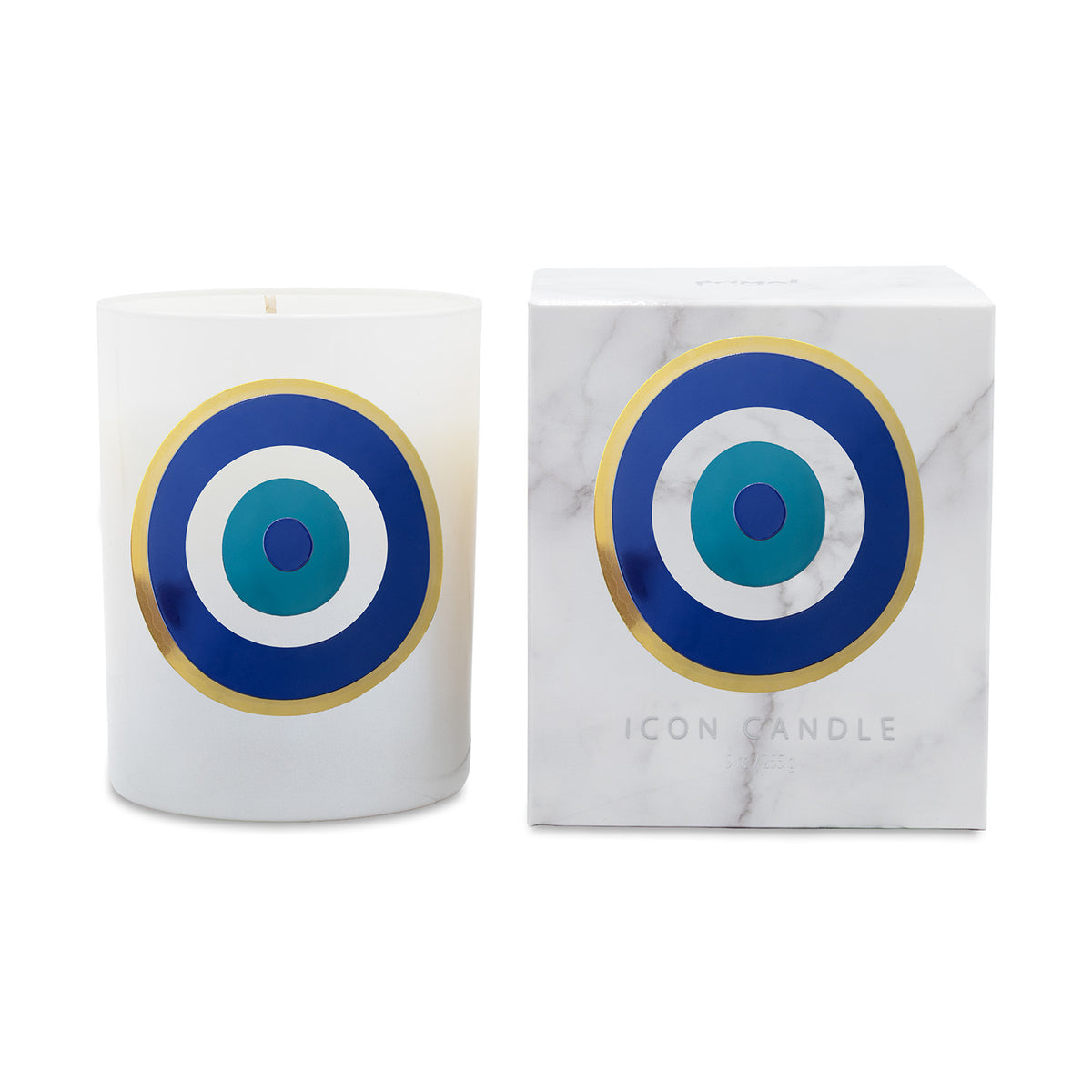 A white glass candle with a blue, teal, and gold concentric target design, shown next to its white marble-patterned box with the same target graphic and the brand name 'ICON CANDLE'.