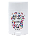 A white plastic deodorant-style container of Primal Elements Restorative Foot Balm with a colorful floral footprint graphic and text on the front, shown on a plain white background.
