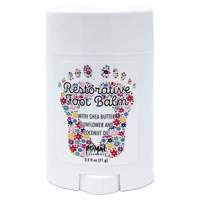 A white plastic deodorant-style container of Primal Elements Restorative Foot Balm with a colorful floral footprint graphic and text on the front, shown on a plain white background.