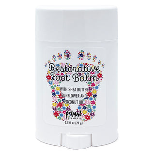 A white plastic deodorant-style container of Primal Elements Restorative Foot Balm with a colorful floral footprint graphic and text on the front, shown on a plain white background.