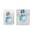 A white glass candle jar and its matching marble-patterned box, both featuring a watercolor illustration of a snowman wearing a black top hat and blue scarf. The brand name 'ICON CANDLE' is printed on the box.