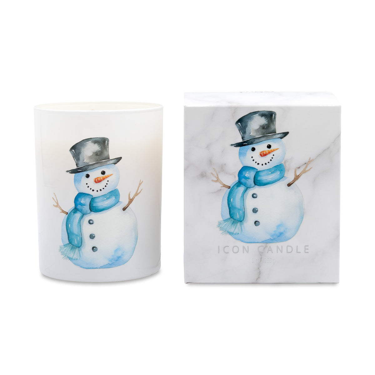A white glass candle jar and its matching marble-patterned box, both featuring a watercolor illustration of a snowman wearing a black top hat and blue scarf. The brand name 'ICON CANDLE' is printed on the box.