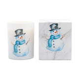 A white glass candle jar and its matching marble-patterned box, both featuring a watercolor illustration of a snowman wearing a black top hat and blue scarf. The brand name 'ICON CANDLE' is printed on the box.
