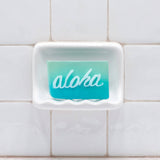 Aloha Glycerin Bar Soap featuring a two-tone aqua and turquoise blue design with the word aloha in white script
