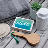 Aloha Glycerin Bar Soap featuring a two-tone aqua and turquoise blue design with the word aloha in white script