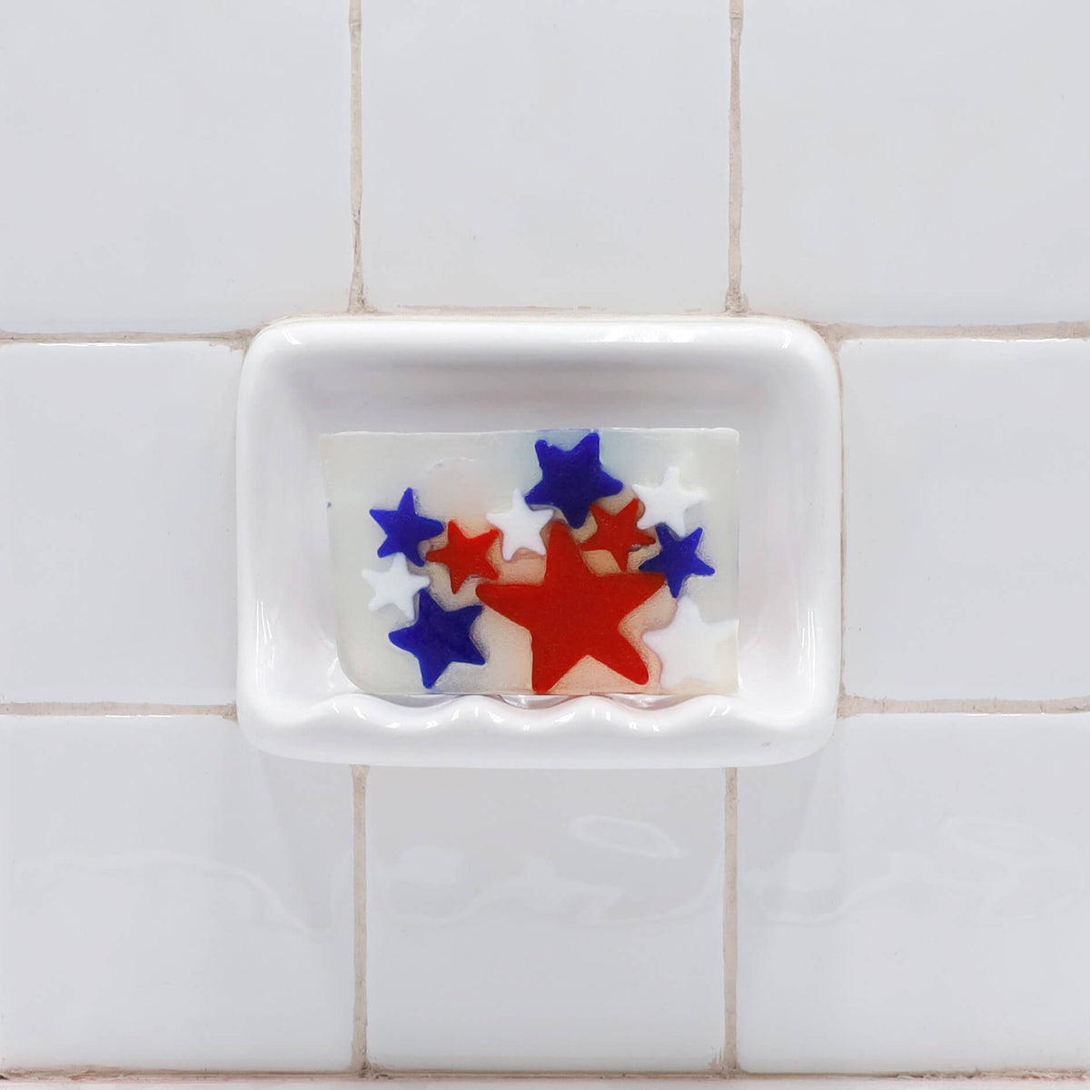 Stars & Stripes glycerin bar soap with red, white, and blue star designs and fresh apple fragrance