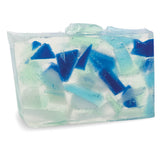 Beach Glass glycerin bar soap with blue, aqua, and pale green sea glass-inspired soap pieces in a translucent rectangular bar.