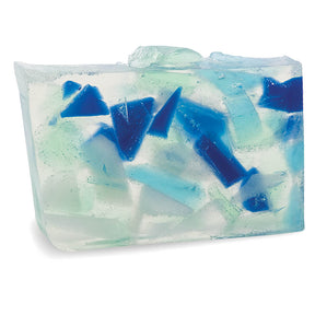 Beach Glass glycerin bar soap with blue, aqua, and pale green sea glass-inspired soap pieces in a translucent rectangular bar.