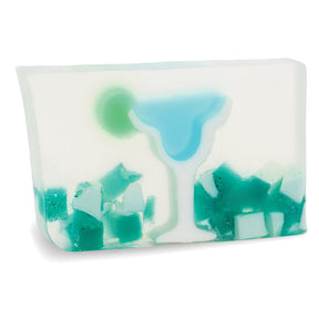 Blue Margarita glycerin bar soap featuring a blue margarita glass, green lime garnish, and teal and white soap pieces in a translucent bar.