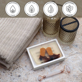 Boots Vegetable Glycerin Bar Soap in a white dish on a stone surface.