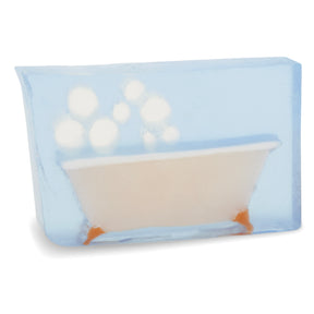 Bubble Bath glycerin bar soap featuring a cream bathtub with orange feet and floating white bubbles in a translucent light-blue bar.