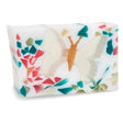 Butterfly glycerin bar soap featuring an ivory butterfly with an orange body surrounded by pink, teal, and pale green soap pieces.
