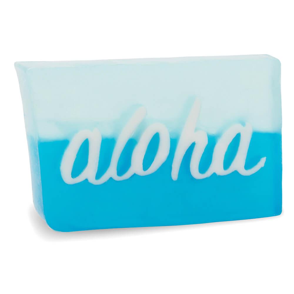 Aloha Glycerin Bar Soap featuring a two-tone aqua and turquoise blue design with the word aloha in white script