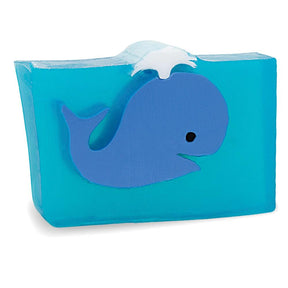Blue Whale glycerin bar soap featuring a blue whale with a black eye and white waterspout in a translucent turquoise rectangular bar.